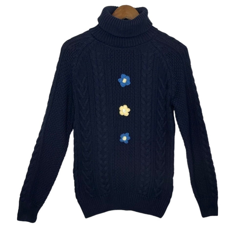 Miss Patina Pompom Floral Cable Knit Jumper Turtleneck Sweater NWT Navy Blue